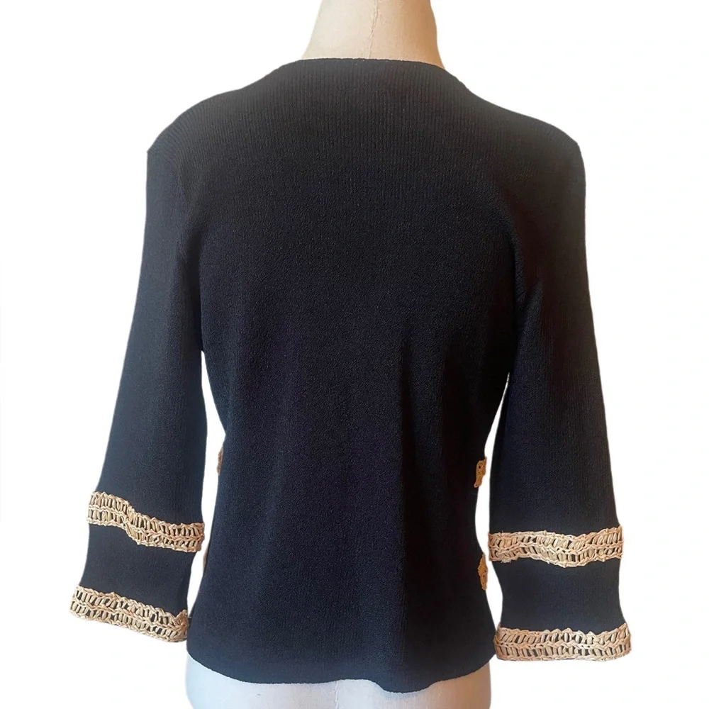 Elaris Black Crochet Trim Cardigan Blouse Gold Button Top Boho Chic Sweater Top